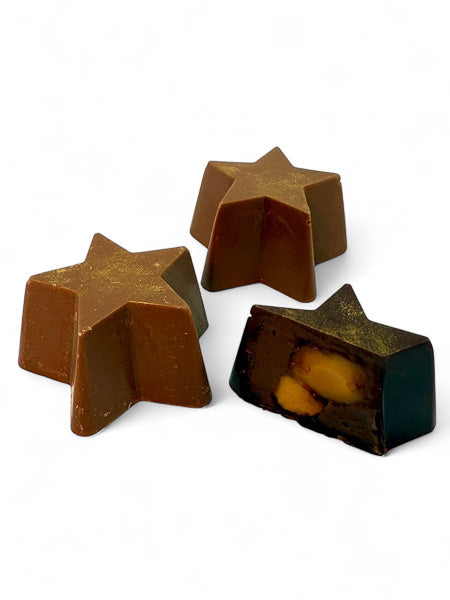 Chocolate Stars -Hazelnut Praline with a Honey Roasted Macadamia.